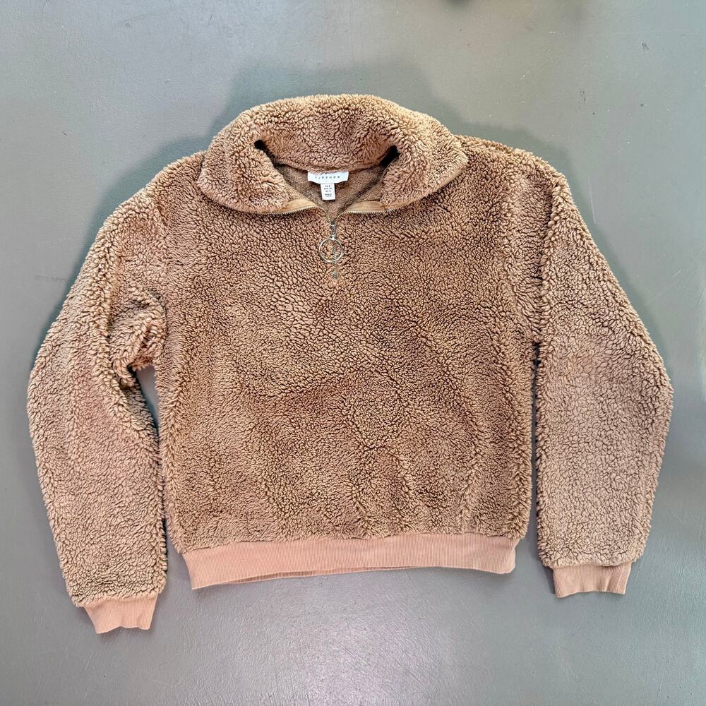 Topshop Teddy Fleece Quarter Zip SMALL Coffee Date Pullover